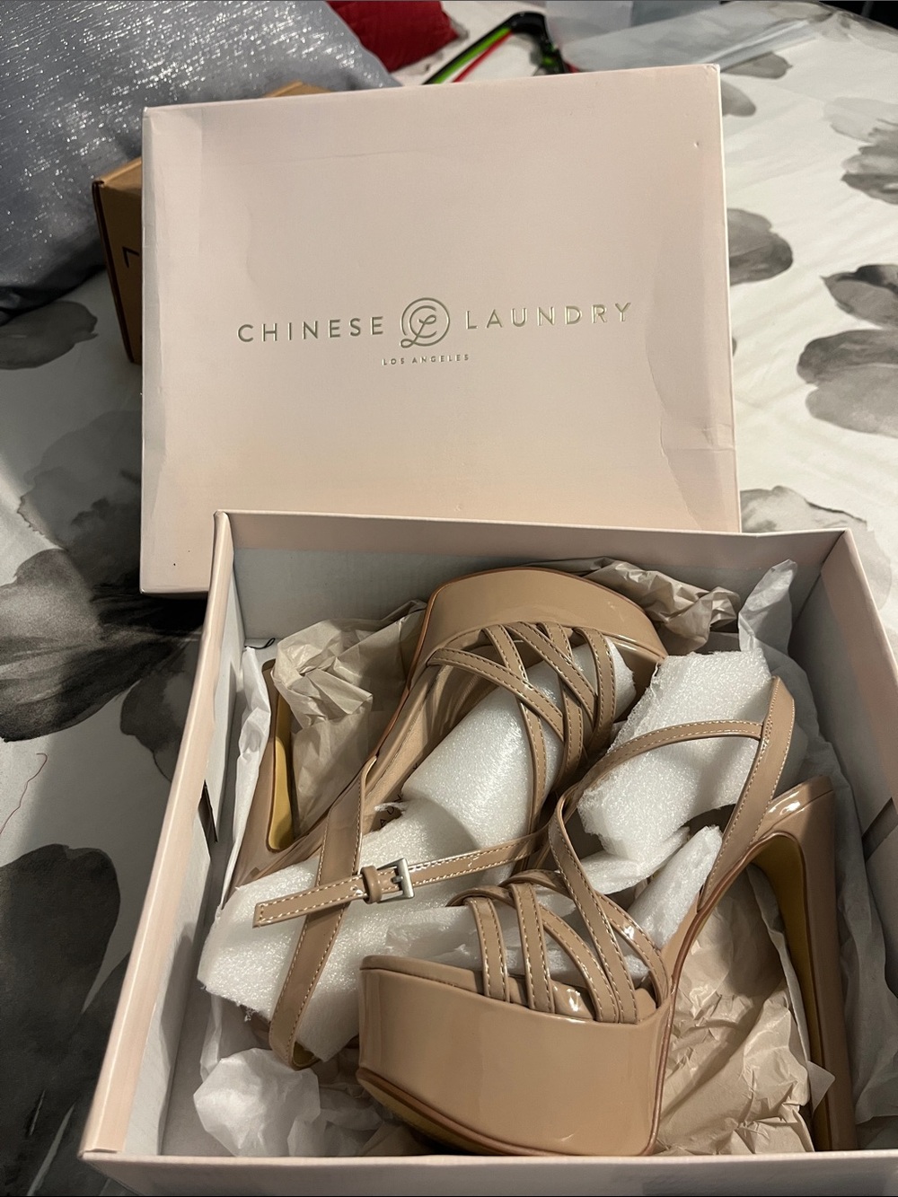 Chinese Laundry Beige Patent Platform Strappy Heels